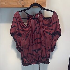 Red and Black Asymmetrical Ruched 3/4 Sleeve Blouse
